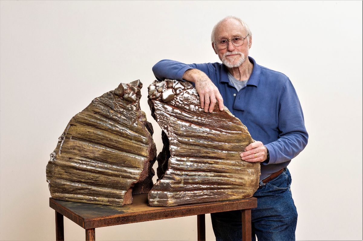 The artist with In Memory Of  2022, wood-fired ceramic, steel Photo credit, Al Nowak, On Location 